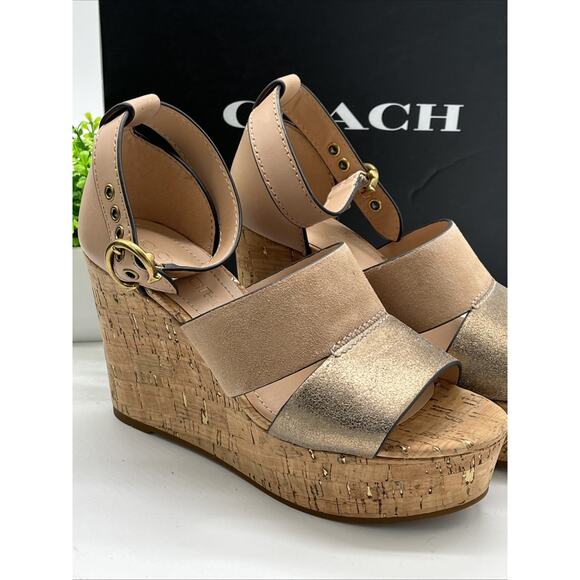 Coach Leather Isla Metallic Wedge Sandal Size 6 MSRP $165 New With Box - Picture 2 of 9